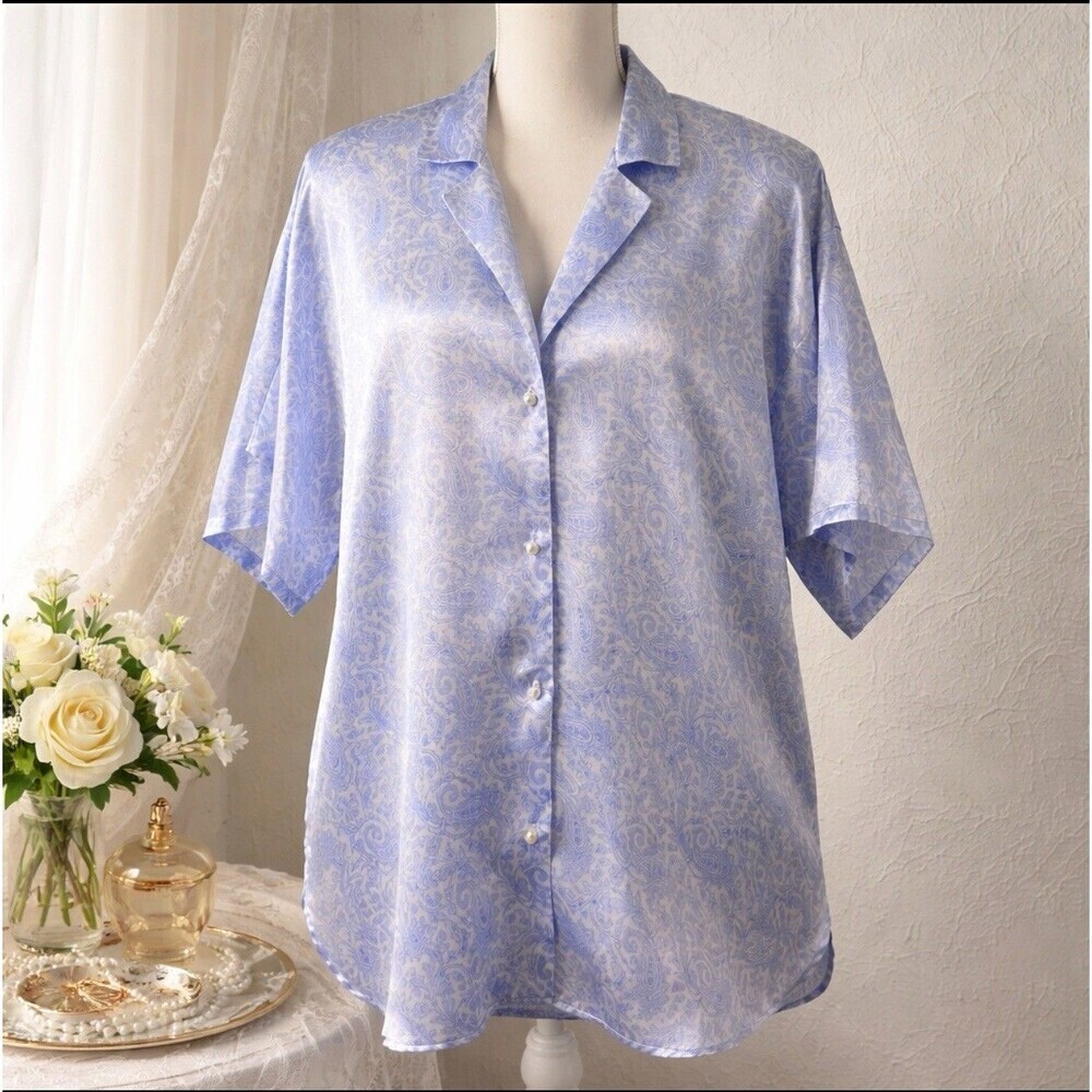 VTG Victoria’s Secret Gold Label Satin Sleep Shirt Paisley Blue White Large